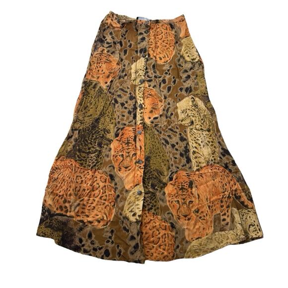 Vtg Carole Little Rayon Maxi Skirt Safari Tiger Big Cat 80s Button Front Size 8 - Picture 2 of 9